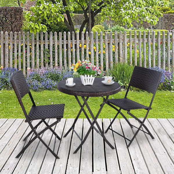 Red Barrel Studio® 3 PC Folding Round Table & Chair Bistro Set Rattan Wicker Outdoor Furniture